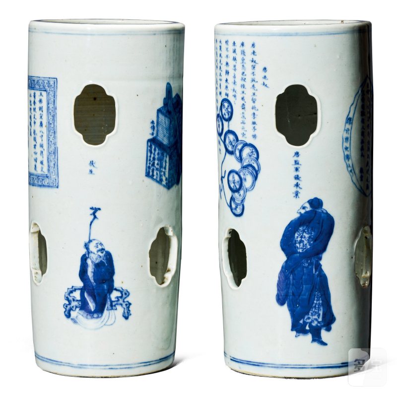 清中期 青花无双谱帽桶一对